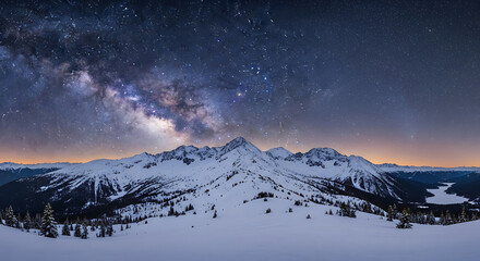 Panoramic Snow Mountain Ridge under Starry Night Sky