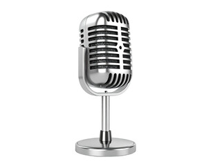Shiny silver microphone, classic design, isolated against a black background