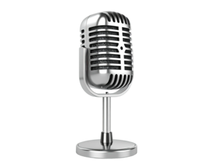 Shiny silver microphone, classic design, isolated against a black background
