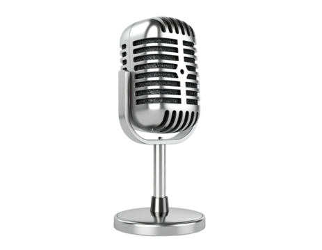 Shiny silver microphone, classic design, isolated against a black background
