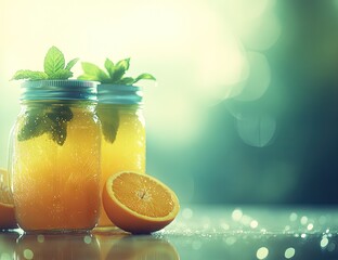 Two jars of orange juice with mint & orange slice
