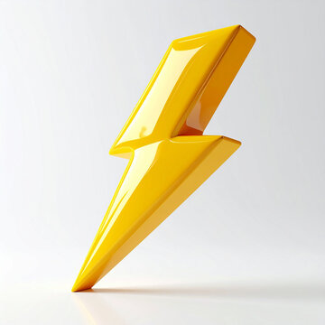 3D yellow lightning bolt floating on white background, power and energy symbol.