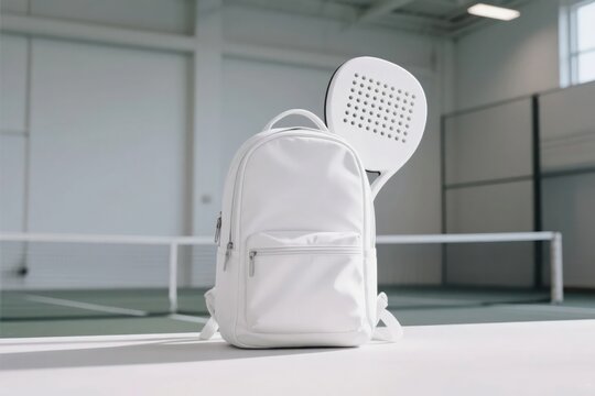 White Padel Backpack Mockup on Court for Sports Design and Branding