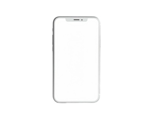 A modern silver smartphone with a bright white blank screen on a black background