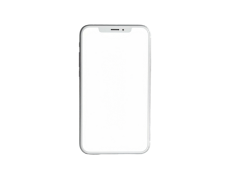 A modern silver smartphone with a bright white blank screen on a black background