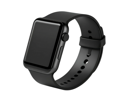 Black smart device with a rectangular face and black strap