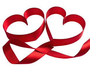 Two interconnected red ribbon hearts float against a black background, a love symbol