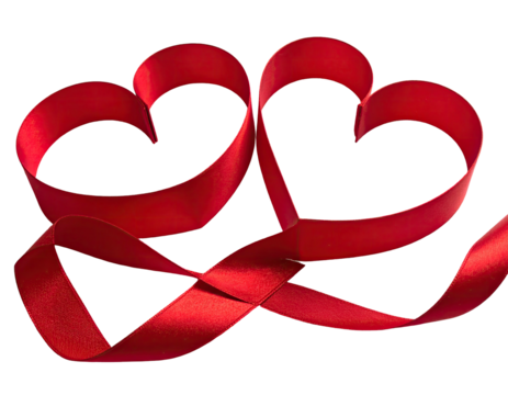 Two interconnected red ribbon hearts float against a black background, a love symbol