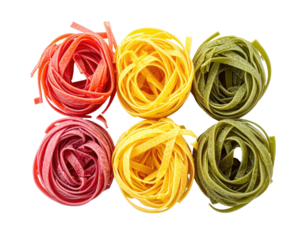 Six nests of vibrantly colored pasta, arranged in two rows, isolated on black