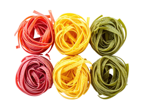 Six nests of vibrantly colored pasta, arranged in two rows, isolated on black