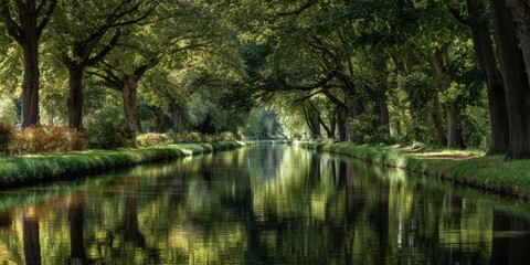 Serene Tree-Lined Canal with Lush Green Foliage and Reflections in Tranquil Waters