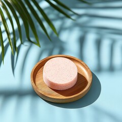 Pink disk on wooden plate, palm shadow on blue background