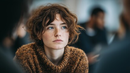 close up face of sad woman sitting with other people engaged in open and supportive conversation.