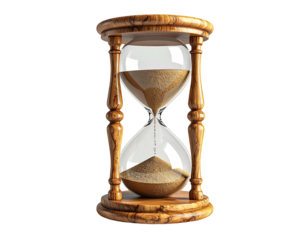 Close-up of a wooden hourglass with sand flowing through the glass chamber