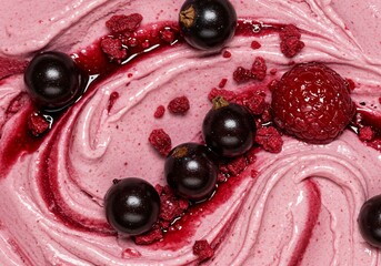 Creamy swirled raspberry and blackcurrant ice cream texture background.