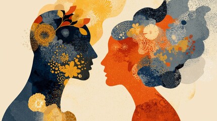 minimal artful poster in health care and supportive concept, man and woman head with floral and flowers  on plain background 
