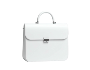 Glossy white briefcase with rounded edges, metallic clasp, and sturdy handle