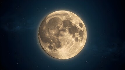 Naklejka premium A realistic full moon glowing brightly in the night sky, showcasing detailed craters and textures on its surface.