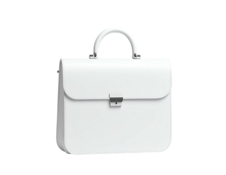 Glossy white briefcase with rounded edges, metallic clasp, and sturdy handle