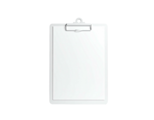 A white clipboard with blank papers, metallic clip, and a black background
