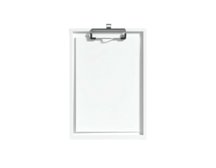 A blank, rectangular clipboard with a silver clip against a black background