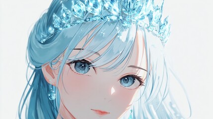 An anime-style portrait of a woman with long, light-blue hair, blue eyes, and a crystalline crown