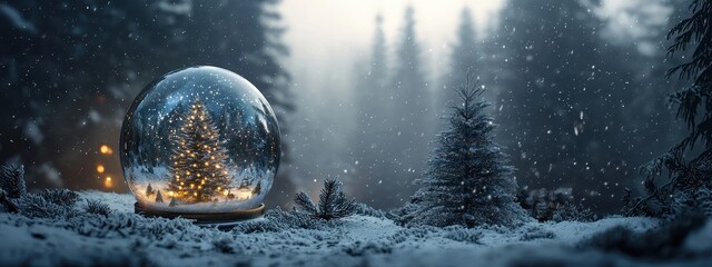 Snow Globe with Glowing Christmas Tree in a Snowy Winter Forest