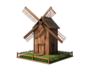 A rustic wooden windmill with blades against a dark background, with surrounding grass