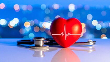 A glowing red heart with a heartbeat monitor (EKG) line inside, resting next to a stethoscope on a reflective surface. The background is a soft-focus bokeh of blue and warm city lights, creating a dra