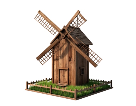 A rustic wooden windmill with blades against a dark background, with surrounding grass
