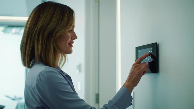 Confident young caucasian woman in light blue blouse adjusts smart thermostat in bright minimalist modern smart home interior, conveying effortless control. Smart home living