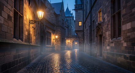 Obraz premium Wet cobblestone alley winding between medieval buildings, glowing streetlamps and soft fog at blue hour 