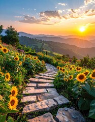 Sunflower path at sunset, hilly vista
