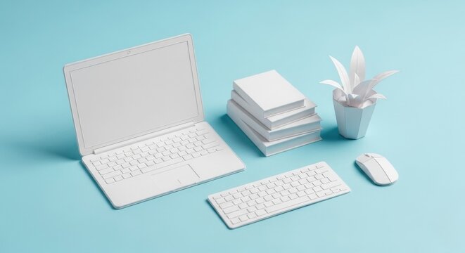 White paper office setup with laptop, keyboard, mouse, books, plant on light blue background. Modern business, technology, education, organized workspace concept. - Powered by Adobe