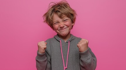 A young Caucasian boy smiling happily with both fists clenched in excitement, standing against a plain pink background. The image expresses joy, success, and confidence, 