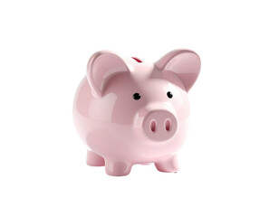 A glossy pink piggy bank, standing alone against a stark black background