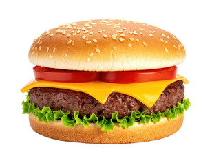 Delicious close-up of a fresh, fully loaded hamburger with cheese, tomato, lettuce