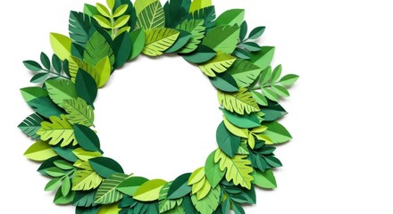 Fototapeta premium Vibrant green paper leaves artfully arranged into a decorative wreath, creating a fresh and eco-friendly circular frame with handmade charm on a clean white background for copy space.