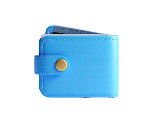 A 3D rendered light blue wallet with a gold button, against a black background