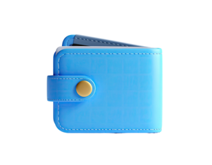 A 3D rendered light blue wallet with a gold button, against a black background