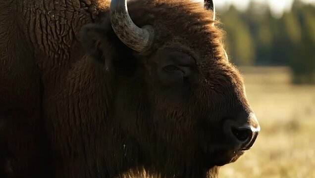 Close-up of a majestic bison in a sunlit field, showcasing its rugged beauty and natural habitat.