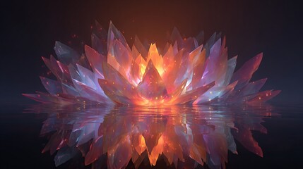 Glowing, crystal-like floral structure, reflecting in tranquil water, surrounded by dark, blurred background