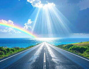 Ocean road leads to light and rainbow