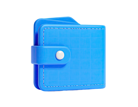 3D rendered depiction of a closed, square, light-blue wallet on a black background