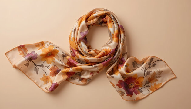 Elegant floral silk scarf draped elegantly, featuring vibrant autumnal blooms and a luxurious satin finish, perfect for adding chic flair.