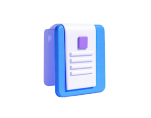Stylized 3D clipboard with document, purple details, and simple design