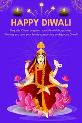 Happy Diwali Greeting Card with Goddess Lakshmi Illustration, Diya, and Festive Wishes
