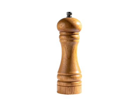 Tall, wooden, pepper mill isolated against a stark black background