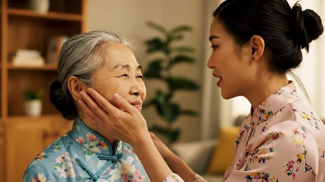 A woman in a floral dress gently holds the elderly woman's face, with the woman in a serene living room setting. The floral dress and careful gesture amplify the comforting atmosph