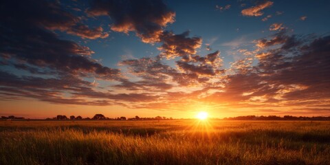 Fototapeta premium Bright Sunrise Over Open Field with Vibrant Sky and Fluffy Clouds in the Background